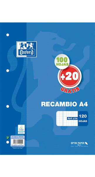 RECAMBIO A4 4A 4X4 C/MARGEN 100 + 20H 90 GR -CAJA 20 OXFORD