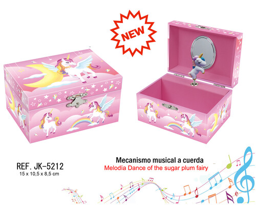 JOYERO MUSICAL 15X10,5X8,5CM UNICORNIO FONDO ROSA