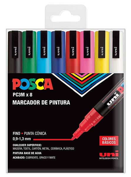 ESTUCHE ROTU POSCA PC3M 8 COLORES BASICOS 0.9 - 1.3MM