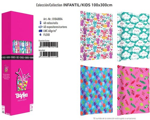 PAPEL REGALO INFANTIL 1X3M SURTIDOS - CAJA 40 ROLLITOS