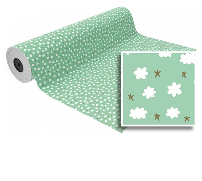 BOBINA 31 CM NUBES Y ESTRELLAS FONDO VERDE CLARO