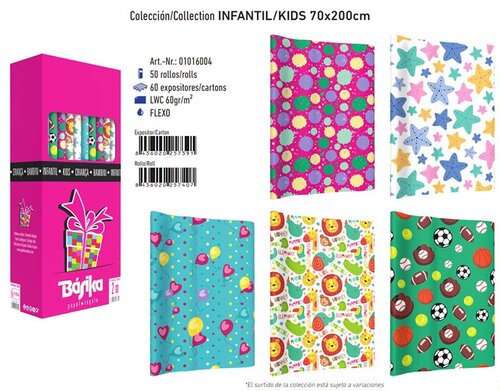 PAPEL REGALO INFANTIL 0,7X2 - CAJA 50 ROLLITOS