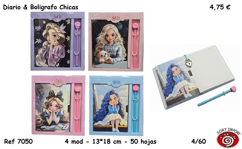 SET DIARIO 50H C/CANDADO + BOLI CHICAS 4 MODELOS