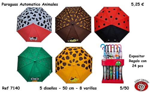 PARAGUAS AUTOMATICO 50CM ANIMALES 5 DISE�OS SURTIDOS