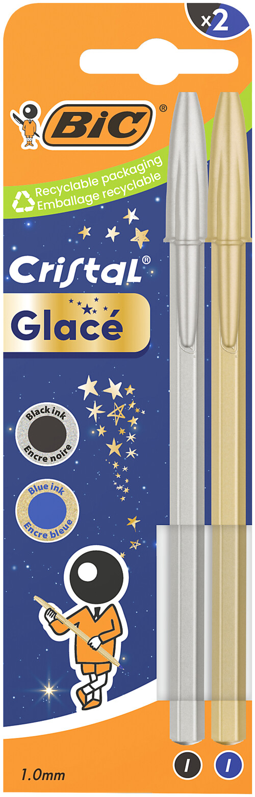 BLISTER 2 BOLI BIC CRISTAL GLACE PLATA Y ORO