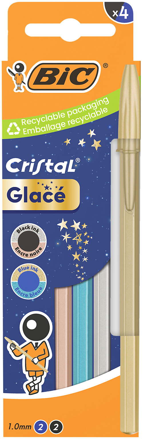 BLISTER 4 BOLI BIC CRISTAL GLACE PLATA,ORO,AGUA,ROSA