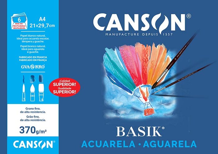 LAMINA ACUARELA A4 21X29,7 370GR 6H MINIPACK BASIK