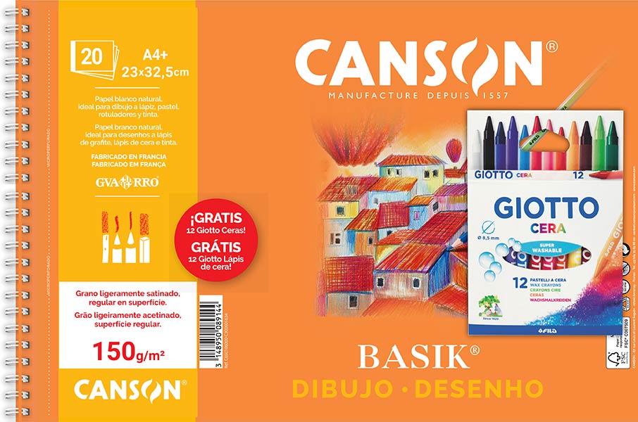 BLOCK DIBUJO A4 150GR 20H LISO ESPIRAL + 12 CERAS GIOTTO