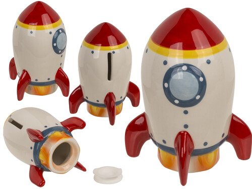 HUCHA CERAMICA COHETE 12,5X7CM EN CAJA MARRON C/PEGATINA