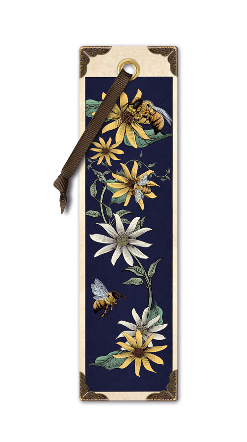 MARCAPAGINAS VINTAGE AZUL MARINO ABEJAS Y FLORES