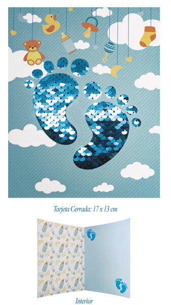 POSTAL 17X13CM BEBE AZUL PIES LENTEJUELAS-PAQUETE 10U
