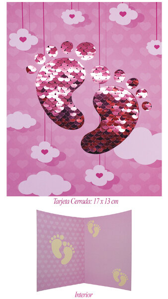 POSTAL 17X13CM BEBE ROSA PIES LENTEJUELAS-PAQUETE 10U