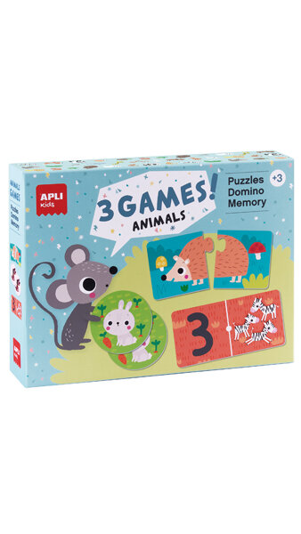 CAJA 3 GAMES ANIMALS (PUZZLE, DOMINO Y JUEGO MEMORY)