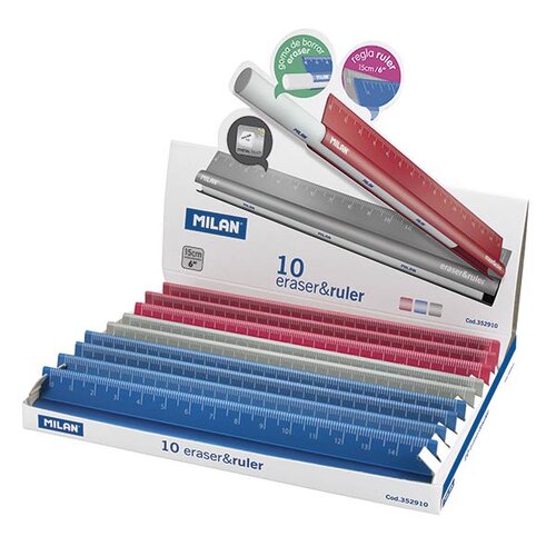 REGLA 15CM + GOMA MILAN - 10U EXPOSITOR SERIE METAL ACID