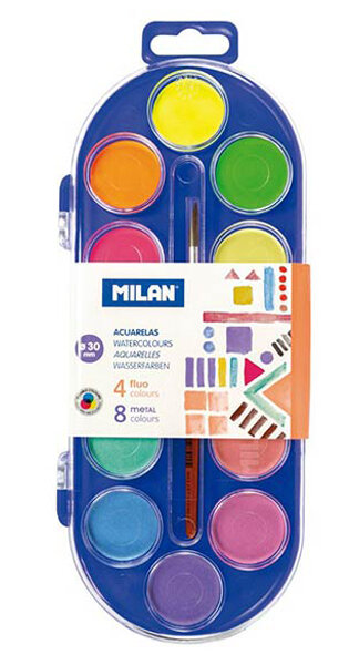 ACUARELA MILAN 12 PASTILLAS FLUO Y METAL 30MM PALETA+PINCEL
