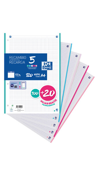 RECAMBIO A4 4A 5X5 100 + 20H 5 COLORES PASTEL -CAJA 20U