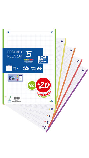 RECAMBIO A4 4A 5X5 100 + 20H 5 COLORES SIN ENCOLAR-CAJA 20U