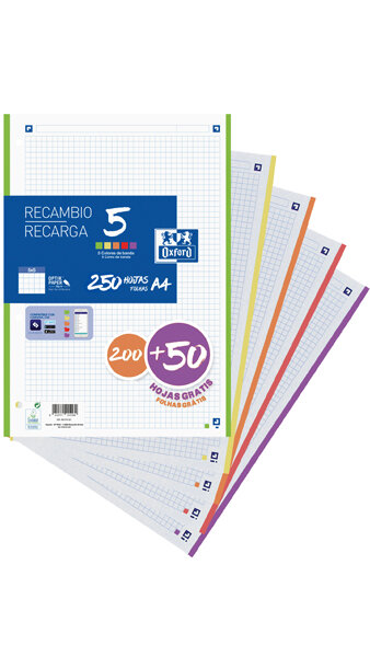 RECAMBIO A4 4A 5X5 200 + 50H 5 COLORES VIVOS SIN ENCOLAR