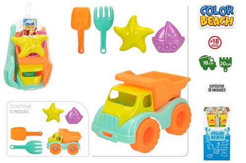 SET PLAYA/CAMION 18CM + PALA + RASTRILLO + 2 MOLDES