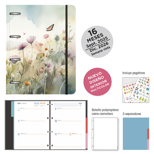 AGENDA 16 MESES 15,5X21CM SV C/ANILLAS IKI ACUARELA