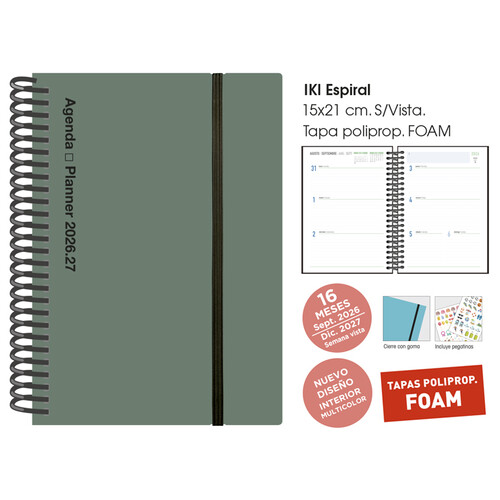 AGENDA 16 MESES 26-27 ESPIRAL15,5X21CM SV IKI PP FOAM VERDE