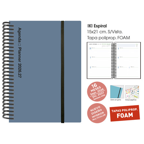 AGENDA 16 MESES 26-27 ESPIRAL15,5X21CM SV IKI PP FOAM PLOMO