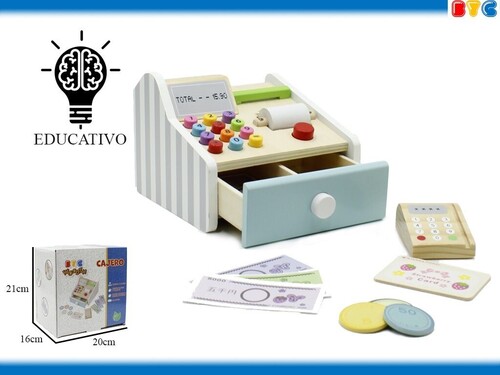 CAJA REGISTRADORA DE MADERA CON ACCESORIOS