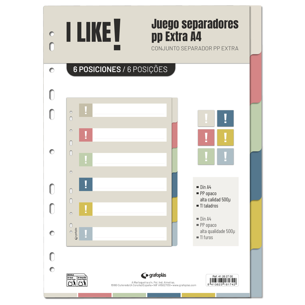 SEPARADOR A4 6 SEPARADORES PP EXTRA COLORES I LIKE
