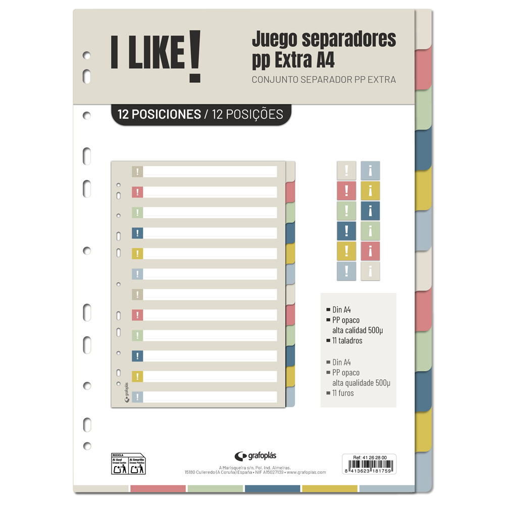 SEPARADOR A4 12 SEPARADORES PP EXTRA COLORES I LIKE