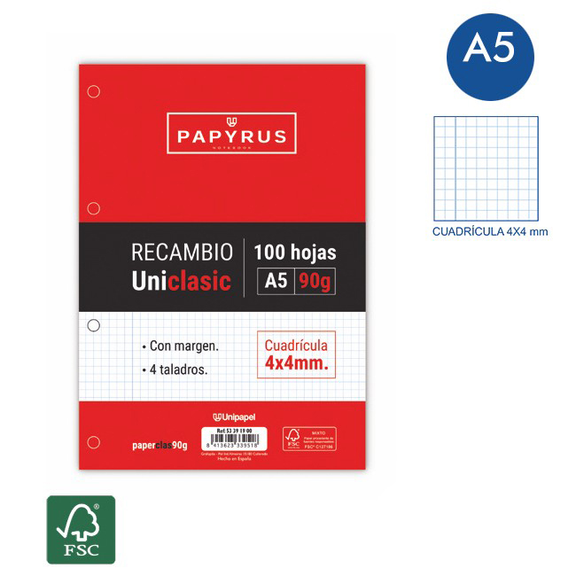 RECAMBIO A5 4A 4X4 90GR 100H C/ MARGEN PAPYRUS - UNICLASIC