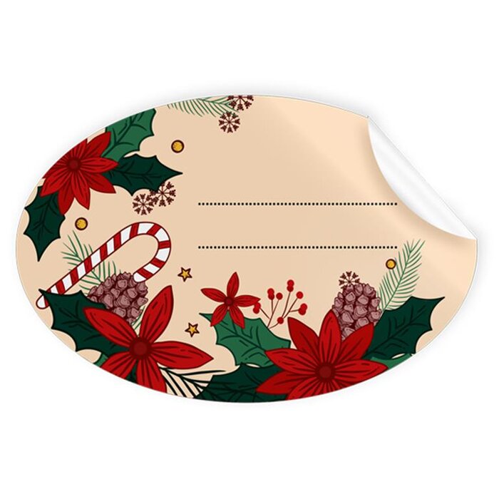 ROLLO 250 ETIQUETAS OVALADAS NAVIDAD BASTON CARAMELO FLORES