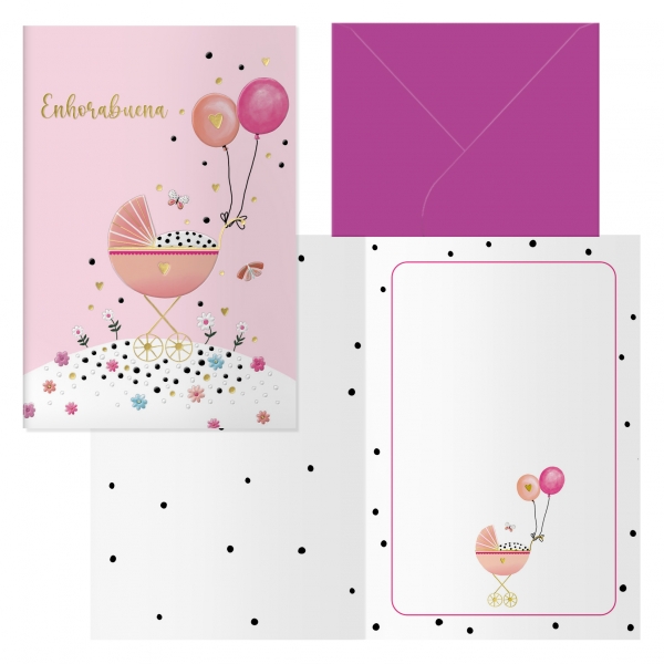 POSTAL ENHORABUENA BEBE MOD. COCHECITO CON SOBRE DE COLOR