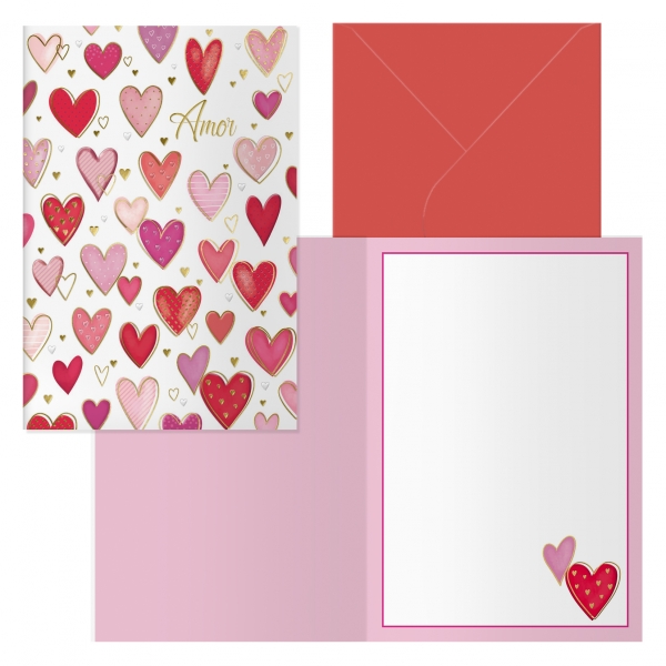 POSTAL CORAZONES MODELO LOVE CON SOBRE DE COLOR