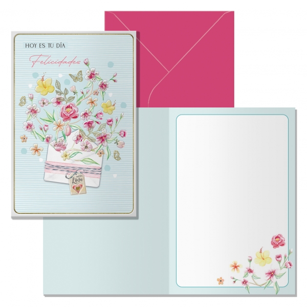 POSTAL HOY ES TU DIA FELICIDADES MOD. DESEOS C/SOBRE COLOR
