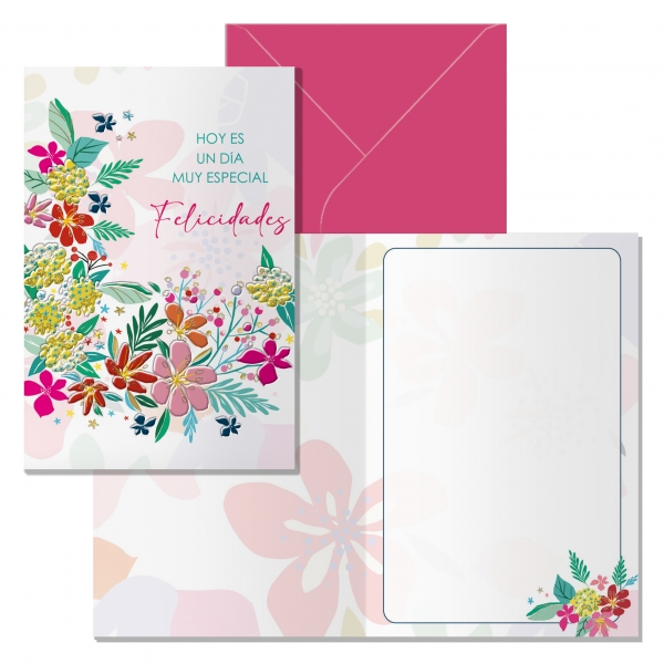 POSTAL FELICIDADES MODELO MIMOSA CON SOBRE DE COLOR