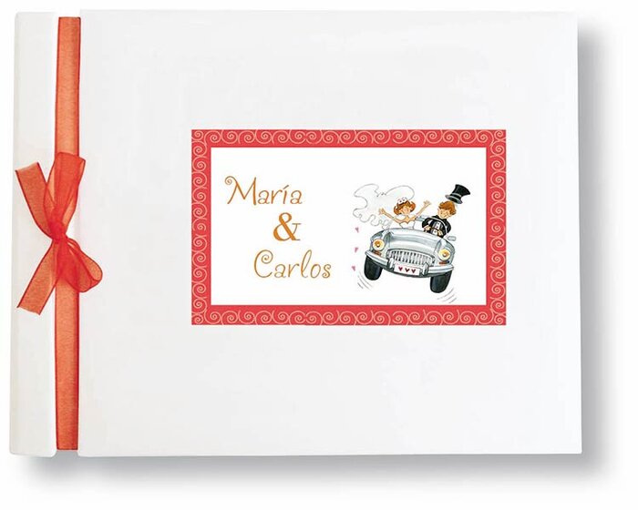 LIBRO DE FIRMAS PARA BODA CON LAZO ROJO Y NOVIOS EN COCHE