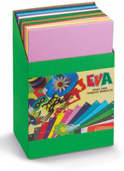 CAJA EXPOSITOR 120 HOJAS GOMA EVA 40X60CM 12 COLORES SURTID