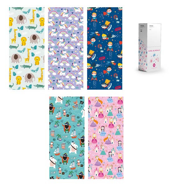 PAPEL REGALO INFANTIL 0,7X2M - 50U CAJA ROLLITOS