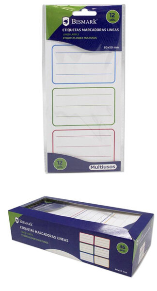 ETIQUETAS ESCOLARES 80X50MM LINEAS COLORES-CAJA 36
