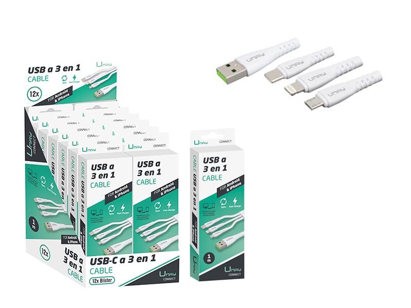 CABLE CARGADOR 3 EN 1 USB (1 METRO) UMAY