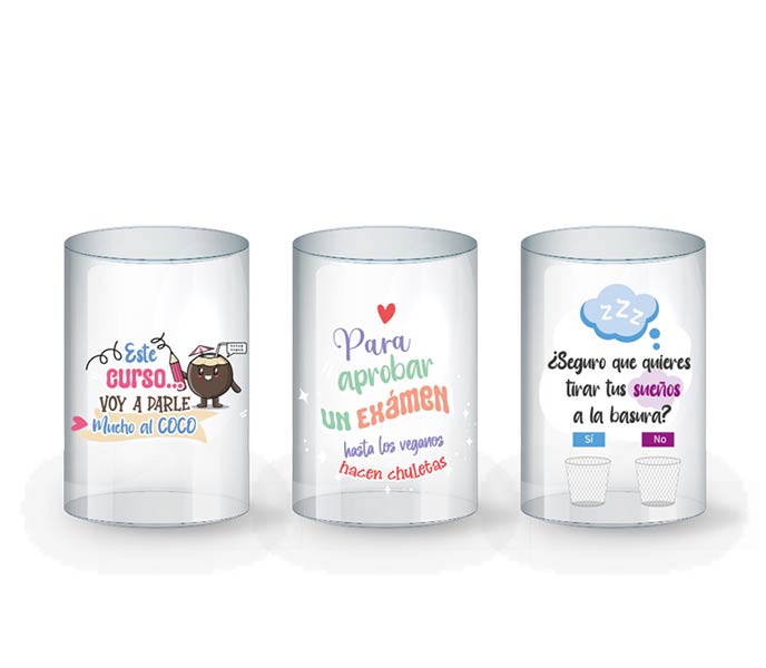 CUBILETE PLASTICO TRANSPARENTE 10X7,6CM CON FRASE Y GLITTER