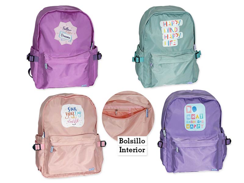 MOCHILA CON BOLSILLO INTERIOR 33X42X18CM PARCHE HAPPY