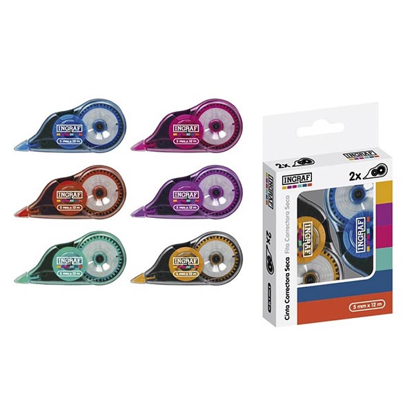 BLISTER 2 CORRECTOR CINTA 5MMX12M COLORES INGRAF -CAJA 12U