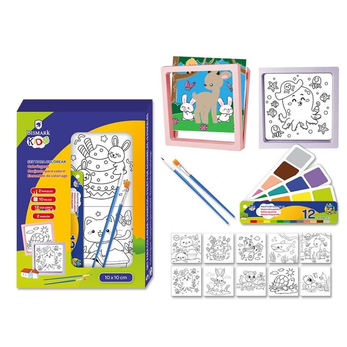 SET COLOREAR 2 MARCOS + PALETA DE ACUARELAS + 2 PINCELES