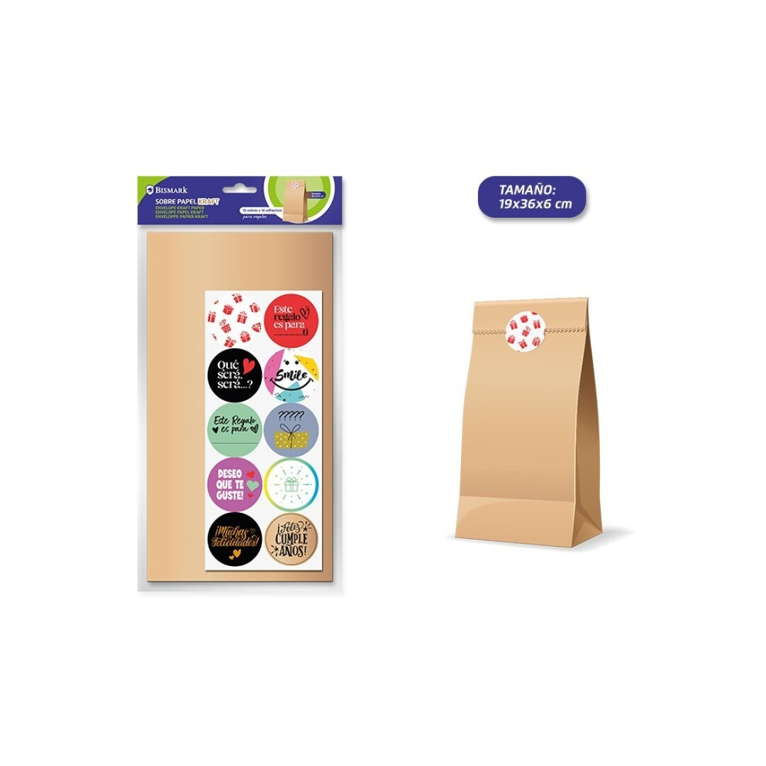 BLISTER 10 SOBRES PAPEL KRAFT 19X36X6CM + ADHESIVOS