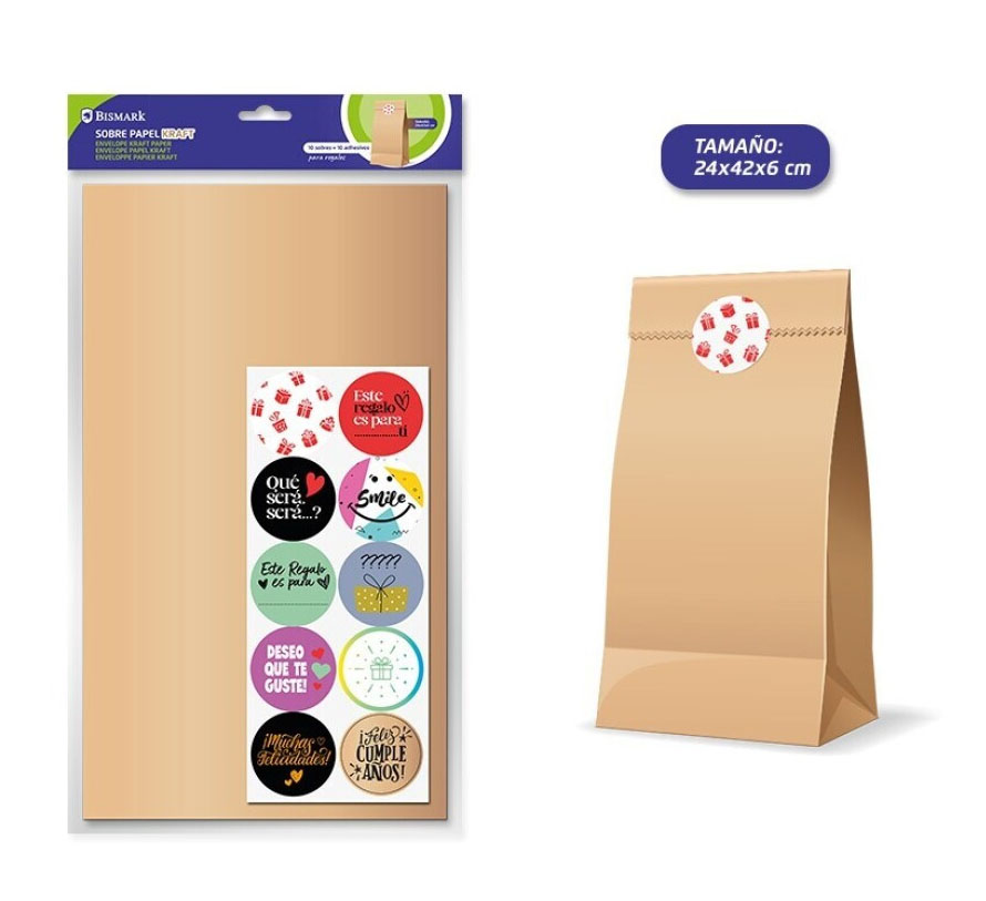 BLISTER 10 SOBRES PAPEL KRAFT 24X42X6CM + ADHESIVOS