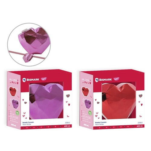 BOTELLA FORMA CORAZON 600 ML CON PAJITA DESMONTABLE