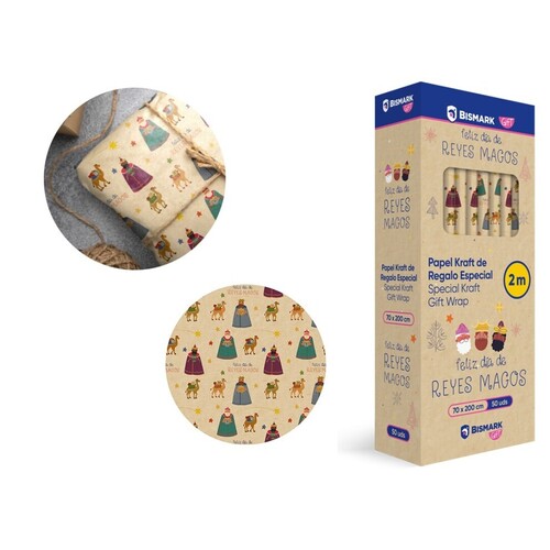 PAPEL REGALO REYES MAGOS KRAFT FRASE 0,7X2 - CAJA 50U