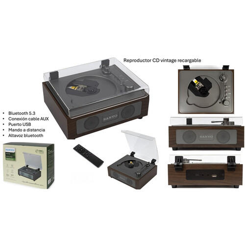 CD PLAYER BT SANYO VINTAGE RECARGABLE C/MANDO A DISTANCIA