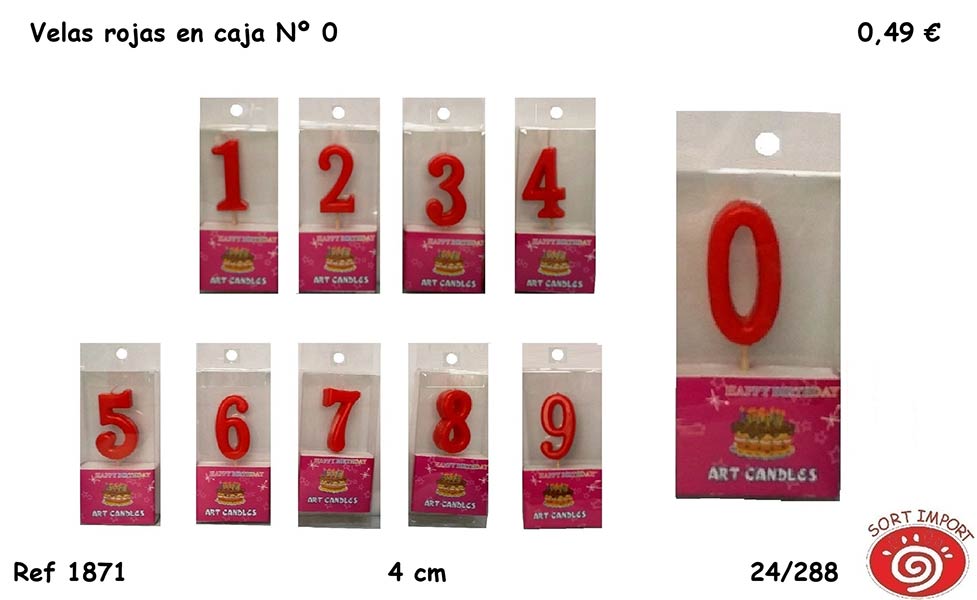 VELA NUMERO 0 ROJA 4 CM EN CAJA PARA COLGAR